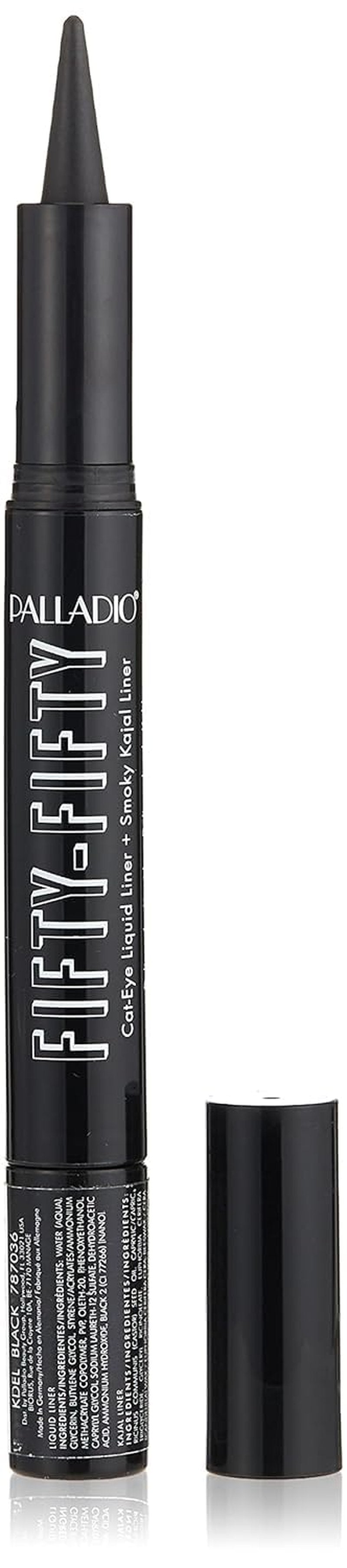 Palladio Fifty-Fifty Eye Liquid Liner, Dual Ended, Professional Eye Styling, Ultra-Soft Kajal crayon and Super Precise Fiber Tip Liner, Smoky and Defined Looks, Smudge Proof, Quick Drying, Black Cat