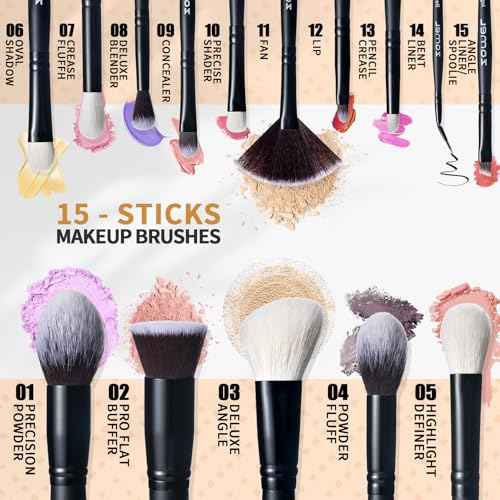 ZAMEL Professional Travel Goat Hair Makeup Brushes Set, 15Pcs Kabuki Face & Eye Makeup Brush set Ultra Soft Dense Flat Foundaiton Blush And Extra-large loose Powder Brush Eyeshadow