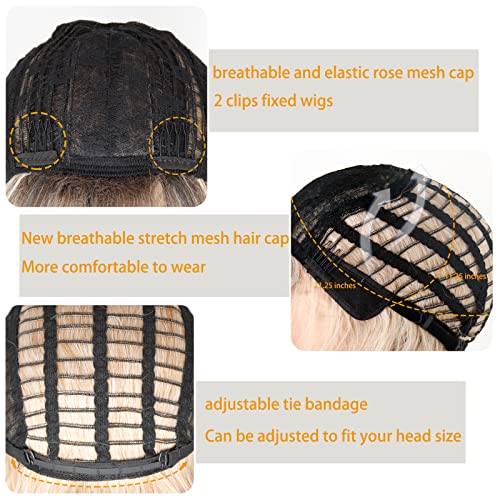 MISSQUEEN Ombre Short Blonde Wigs with Bangs Synthetic Wavy Blond Bob Wig Curly Heat Resistant Blonde Hair Wig for Women Daily Party Halloween Use