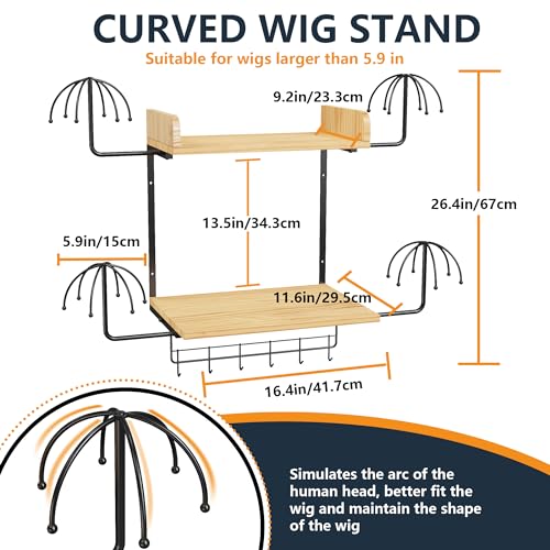 Hanging Wig Organizer with 6 Hooks, Wall Mounted Wig Stand and Wooden Storage Shelf