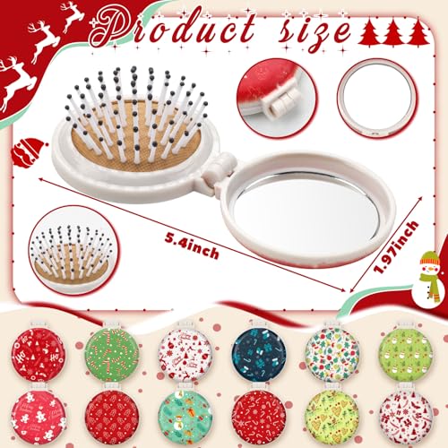 Thyle 12pc Christmas Mini Hair Brush Detangler Brush Folding Mirror Hair Brushes Gift for Christmas Mini Travel Brushes Accessories for Girls Gifts Holiday Supplies Xmas Stocking Stuffers