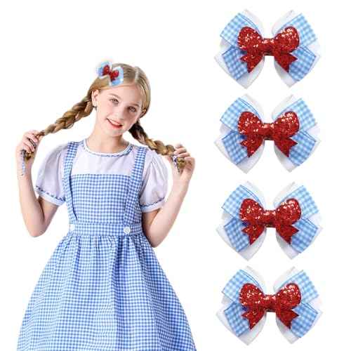 Blue White Gingham Hair Bow Clips, 3.5 Inch Checker Pigtail Bows Wizard Halloween Christmas Mother's Da Costume Accessories 4PCS