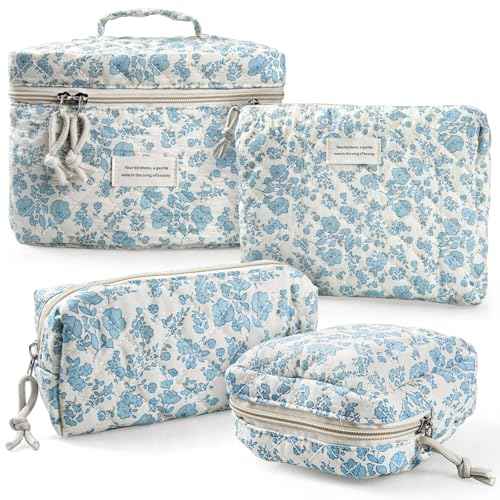 Cute Makeup Bag for Women(2 Pcs), Travel Cosmetic Bags, Quilted Coquette Aesthetic Floral Toiletry Organizer Bag (46 - Sky Blue/4Pcs)
