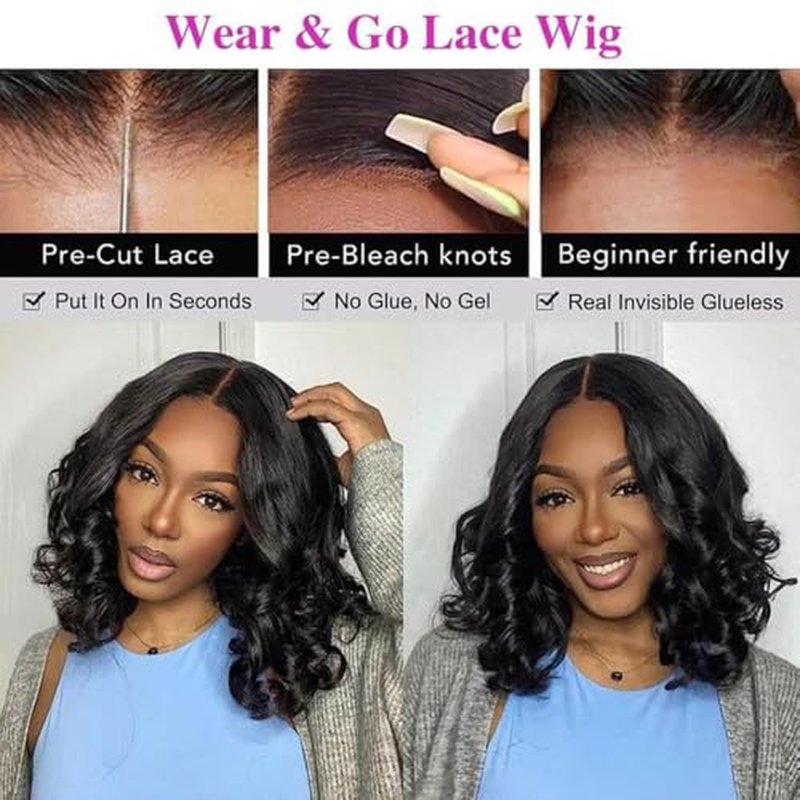 5x8 Glueless Wigs Human Hair Pre Plucked Pre Cut Bob Wig Human Hair 200% Density Body Wave Lace Front Wigs Human Hair HD Closure Wigs Short Bob Wigs for Black Women Wear and Go Glueless Wig 14 Inch