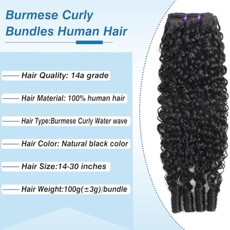Burmese Curly Bundles Human Hair 14 16 18 Inch 14A Curly Bundles Human Hair 100% Unprocessed Wet And Wavy 3 Bundles 3c4a Water Wave with Spiral End Real Human Hair Extensions Natural Black