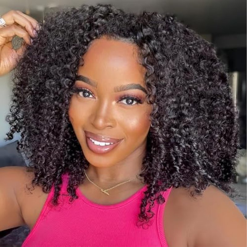 Kinky Curly Half Wig Human Hair 250 Density Headband Wig Human Hair Glueless Wigs Wear And Go Drawstring Seamless Flip Beginner Friendly Curly Wig Human Hair Wigs For Black Women 16 Inch