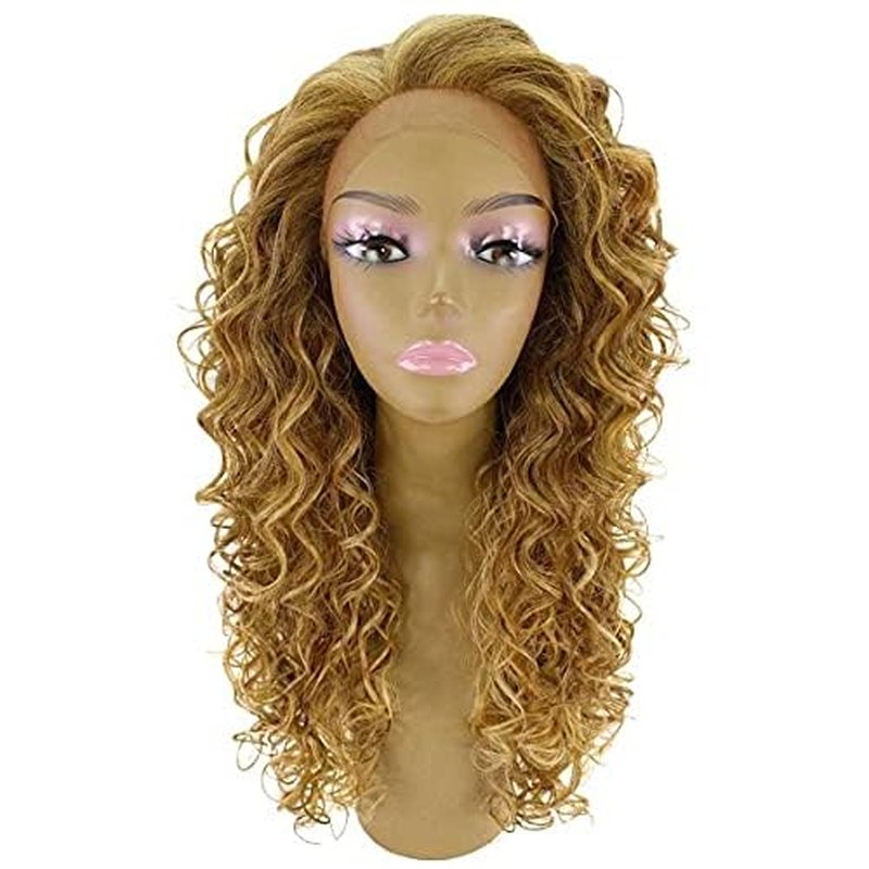 LUXLUXE Mariah Curly 16 Inch Long 7x4 Hand-Tied Lace Front Wig, Heat Resistant Fiber, 20+ Shades of Natural, Dip Dyed, & Blended Colors (#P2763 - Blonde Blend)
