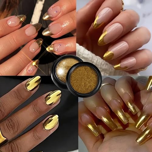 Holographic Mirror Gold Nail Chrome Powder Effect Metallic Dust Sequins UV Gel Gold Chrome Nail Powder Pigment for Nail Art Decoration, Gold Chrome Powder for Nails