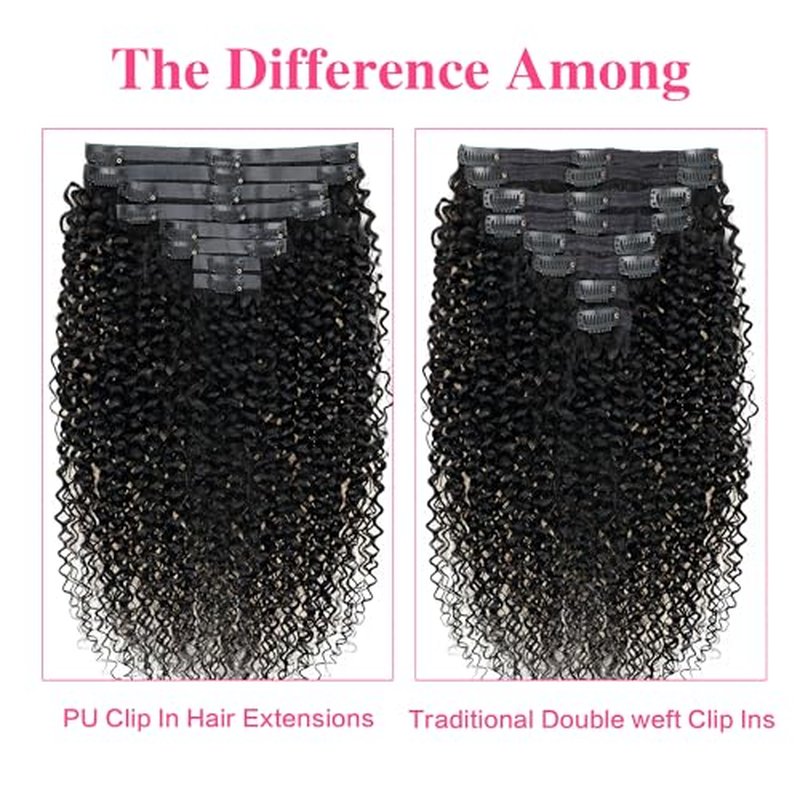 Seamless Clip In Hair Extensions Real Human Hair Invisible PU Kinky Curly Clip Ins Human Hair Extensions 8pcs with 18Clips Per Set 120g(26inch,Natural Black)