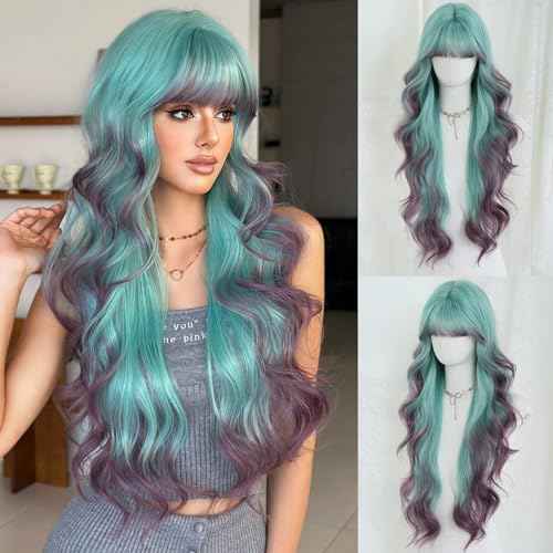 7JHH WIGS 31in Turquoise Long Wavy Bangs Purple Highlight Wigs Mixed Light Green Ombre Lavender Purple Heat Resistant Synthetic Fiber Women Wavy Curly Wigs for Christmas Daily Party Daily Used