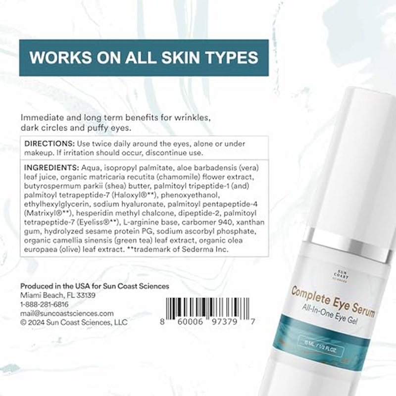 Sun Coast Sciences - Complete Eye Serum by Dr. Mark Rosenberg for Wrinkle Reduction, Dark Spot Fading, and Under-Eye Bags Treatment (Pack of 1)