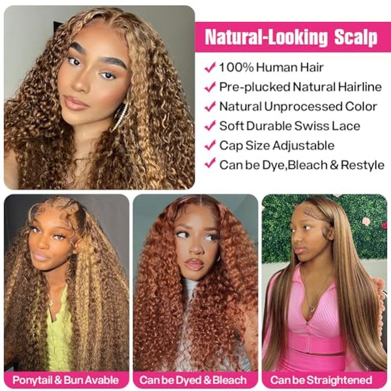 CYNOSURE 16 Inch Highlight Ombre Deep Curly Lace Front Wigs Human Hair Pre Plucked 180 Density Honey Blonde Jerry Curly Wig Human Hair 13x5 HD Transparent Lace Frontal Wigs Human Hair for Women
