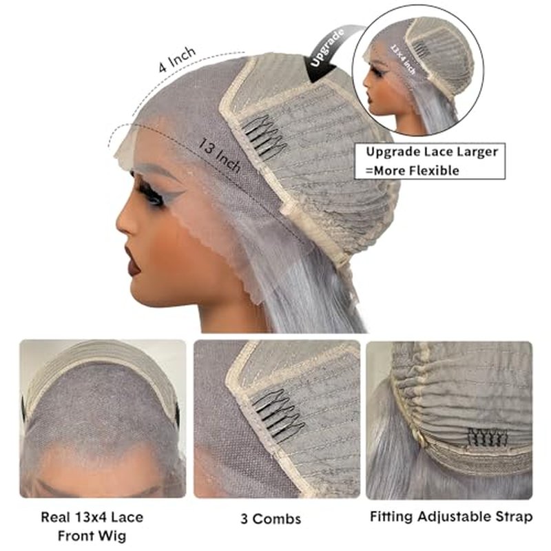 Grey 13x4 Bob Straight Lace Front Wigs Human Hair 180 Density UHD Transparent Lace Front Wigs Human Hair Pre Plucked Pre Cut Lace Glueless Wig Virgin Colored HumanHair Wigs For Women 10Inch