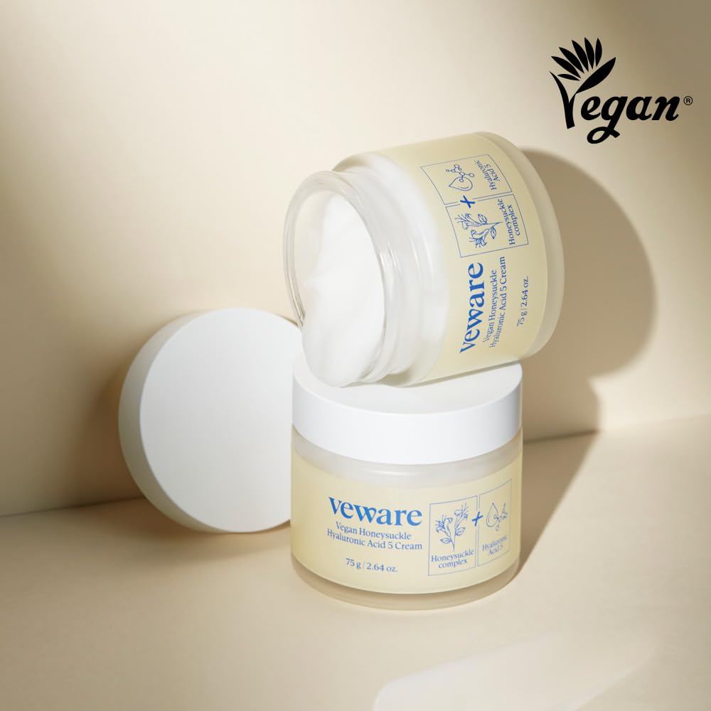 Veware Vegan Honeysuckle Hyaluronic Acid 5 Moisturizing Cream - Soothing & Hydrating for Sensitive Skin - Fragrance-Free, Alcohol-Free, 75g