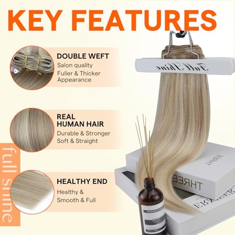 Full Shine Blonde Sew In Weft Hair Extensions Silky Straight Real Hair Wefts Human Hair 105 Grams Sew In Hair Extensions Ash Blonde Highlight Remy Bundles 24 Inch