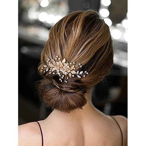 SWEETV Flower Bride Wedding Hair Comb Pearl Bridal Crystal Leaf Gold Headpiece Rhinestones Handmade Jewelry for Women and Girls