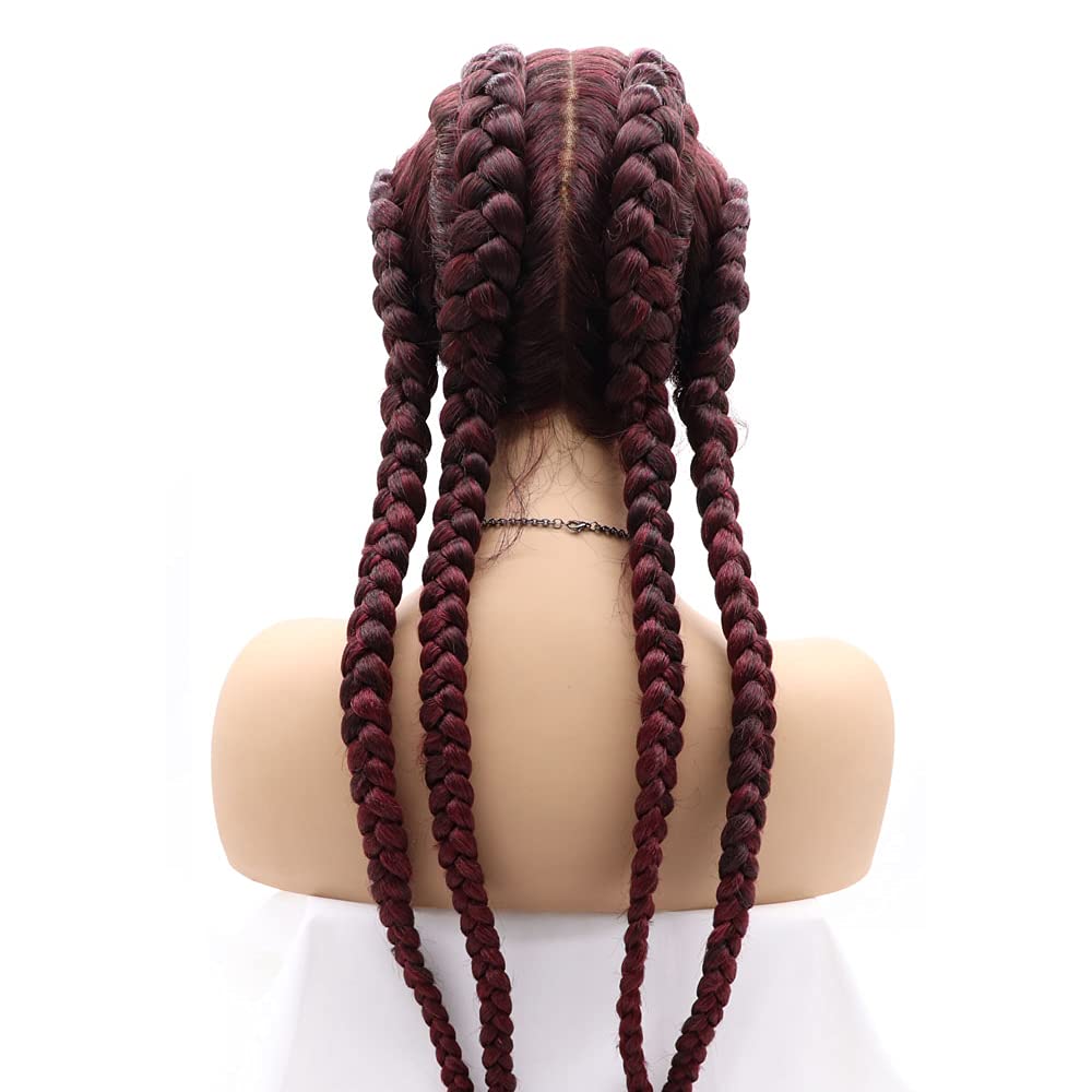 Natural-Looking Wine Red Lace Front Wig - 30 Inch Handmade Braided Wig for Women | Neatly Done Box Braids
