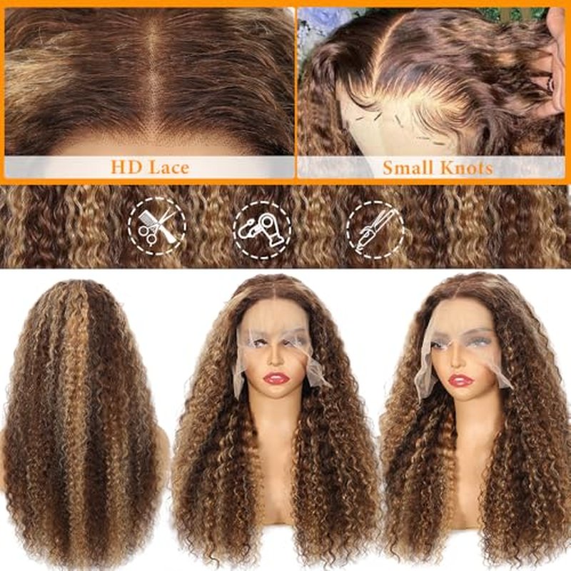 13x6 Highlight Ombre Lace Front Wig Human Hair 4/27 Honey Blonde Deep Wave Lace Frontal Wigs Human Hair Pre Plucked 200% Density Glueless Wig 20 Inch