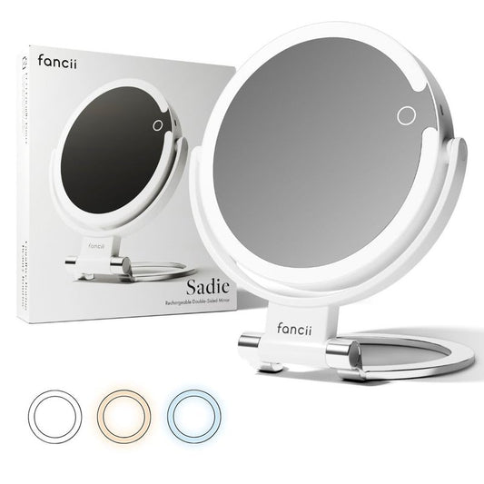 Fancii Travel Magnifying Mirror 10x /1x with Lights, Rechargeable | 9-Inch Extra Large LED Lighted Makeup Mirror, Folding Double Sided Portable Vanity Mirror, 3 Light Settings, Touch Sensor (Sadie)