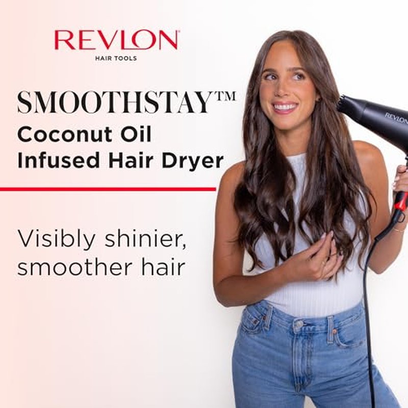 REVLON SmoothStay Coconut Oil Infused Hair Dryer with Diffuser & Concentrator - Ionic Ceramic Blow Dryer for Frizz Control, Shine, Smoothness & Volume, 1875W Lightweight Salon-Quality