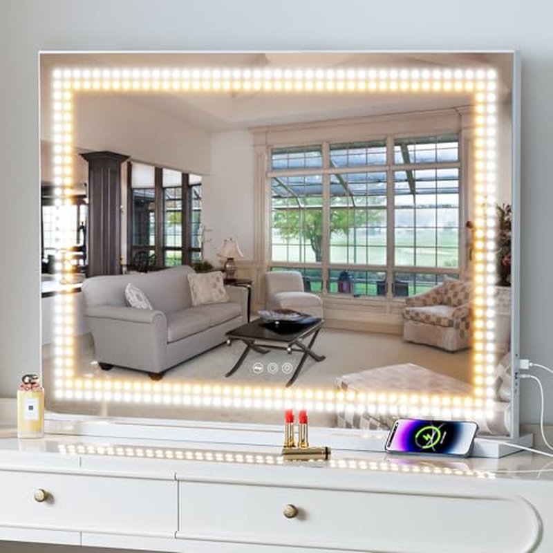 Misavanity Vanity Mirror with Lights Dots Makeup Mirror with LED Lights 31.5" x 22.8" Tempered Glass Lamp Bead Touch Screen Control Dimmable 3 Colors Modes USB Charging Port 10X Magnification, White
