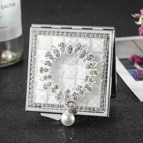 HEALLILY Portable Makeup Mirror - Compact Vintage Folding Double-Sided Travel Mirror with Elegant Flower Pattern and Pearl Pendant for Men and Women
