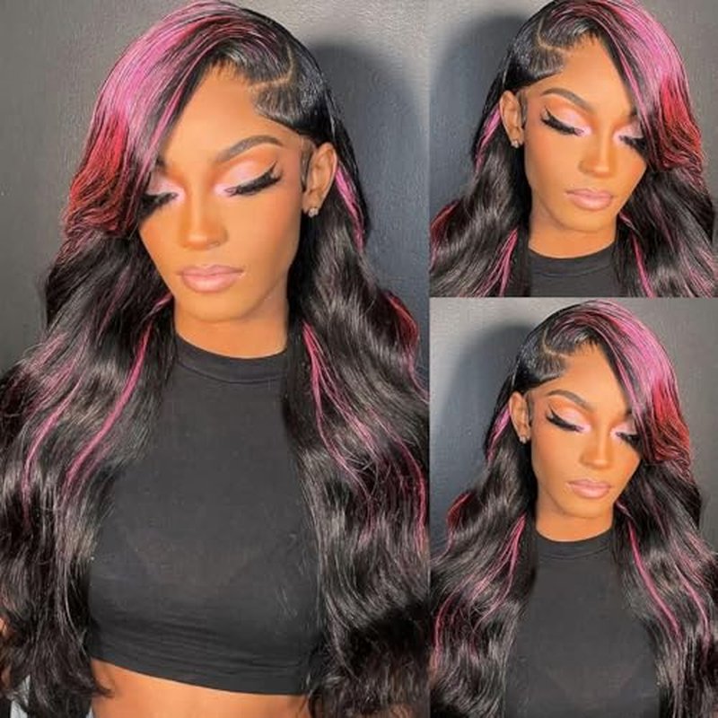 28Inch Skunk Stripe Human Hair Wig 200% Density Pink and Black Wig 13x4 Body Wave Lace Frontal Wigs Human Hair Pre Plucked Pink Human Hair Wig With Baby Hair