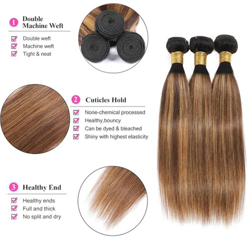 T1BP4/27 Human Hair Straight Bundles 26 28 30 inch Double Weft Brazilian Hair Extensions Ombre 3 Tone Dark Brown and Color 27 Honey Blonde Bundles for Women