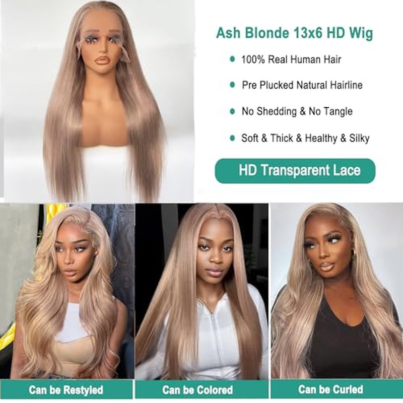 Munx Ash Blonde Straight Human Hair Wig Pre Plucked Real Ear To Ear 13x6 Lace Front Glueless Wig Bleached Invisible Knots Wear and Go 180% Density 18Inch HD Transparent Colored Frontal Wigs