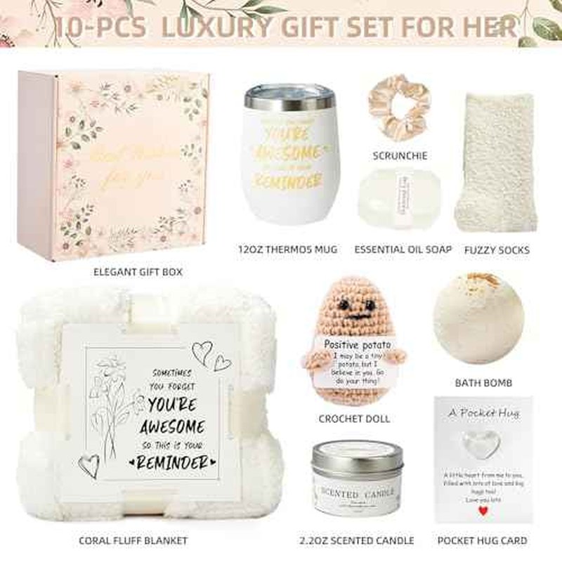 Self Care Gift Basket for Women, Luxury Spa Gift Basket with Blanket, Vanilla Coconut Self Care Set, Friendship Birthday Box for Mom, Sister, Wife, Best Friend, Coworker(White)