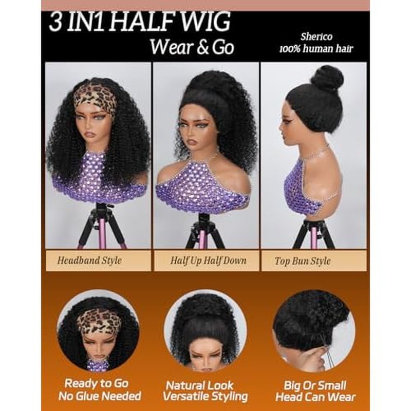 Curly Half Wig Human Hair 200% Density Kinky Curly Half Wig 3 In 1 Seamless Flip Over 26 inch Glueless Wigs Wear Go Beginner Friendly Kinky Curly Wig Drawstring Headband Wig for Women Daily Wear