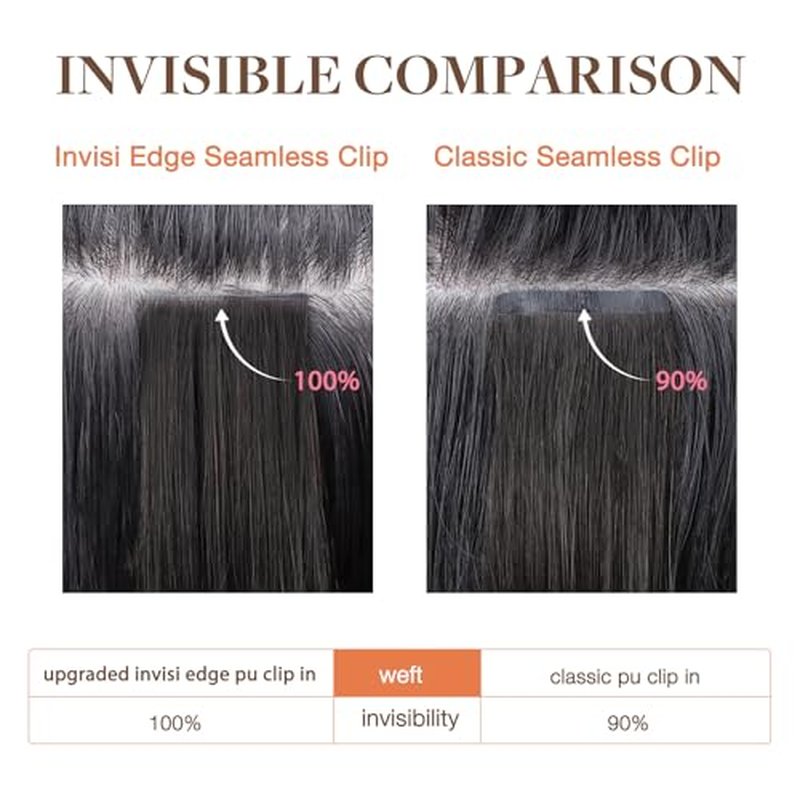 GOO GOO Invisi Edge Clip in Hair Extensions 16inch 130g 7Pcs Injected Seamless PU Clip in Hair Extensions, Virgin Real Human Hair, 4/27/4 Balayage Chocolate Brown to Caramel Blonde
