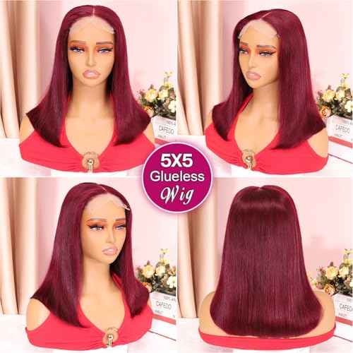 Wear and Go Glueless Bob Wig Human Hair 200% Density 5x5 HD Lace Closure Wigs For Black Women Glueless 5x5 Closure Wigs Human Hair Pre Plucked Bob Burgundy Color 14 Inch