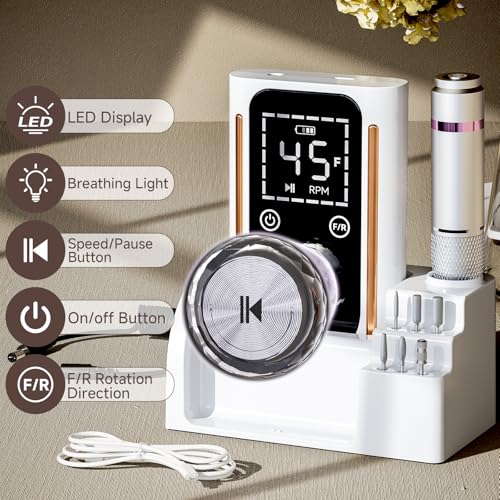 Nail Drill, Portable Electric Nail File 45000RPM, Rechargeable Nail Drill Professional with Bits & Base, for Acrylic Gel Nails, E-File Machine, Manicure Polishing, for Salon Home, White