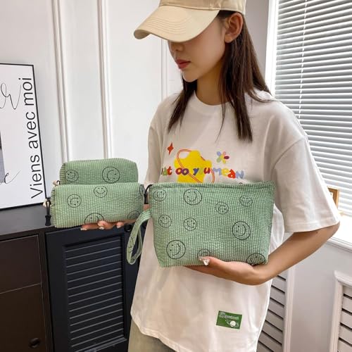 Small Cosmetic Bag set for Women Corduroy Makeup Bag with Interior Pocketes Cute Corduroy Makeup Pouches Women Small Toiletry Bag (Green Smile)