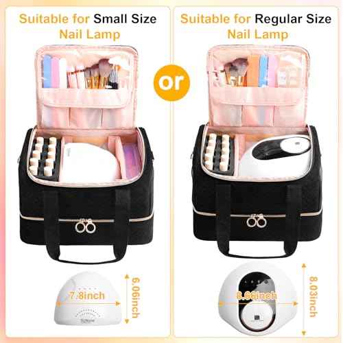 Nail Polish Organizer Bag Holds 50 Bottles (15ml/0.5fl.oz)& Nail Lamp, Soft Velvet Nail Kit Storage Carrying Case with Shoulder Strap, Double Layer Nail Supplies Organizer Handbag Women Black
