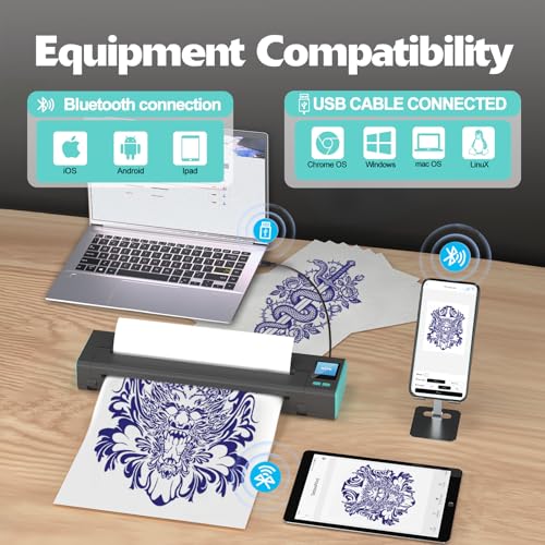 XR3 Tattoo Stencil Printer, Tattoo Printer with LED Display & 10 Pcs Transfer Paper, Portable Thermal Tattoo Printer, Bluetooth Transfer Machine, Stencil Printer Compatible with Phones Pad, Blue
