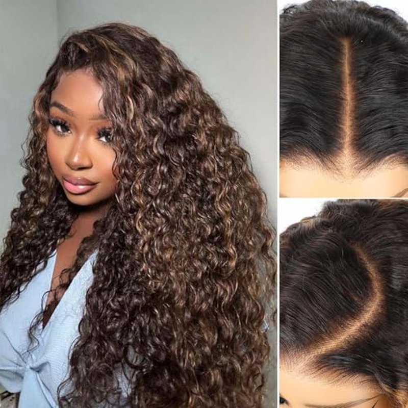 BLY Highlight Wear and Go Glueless Wig Water Wave Human Hair Wigs for Women 16 Inch 5x7 HD Lace Pre Cut Pre Plucked 2/30 Ombre Brown Colored Deep Wave Lace Front Wig 180% Density