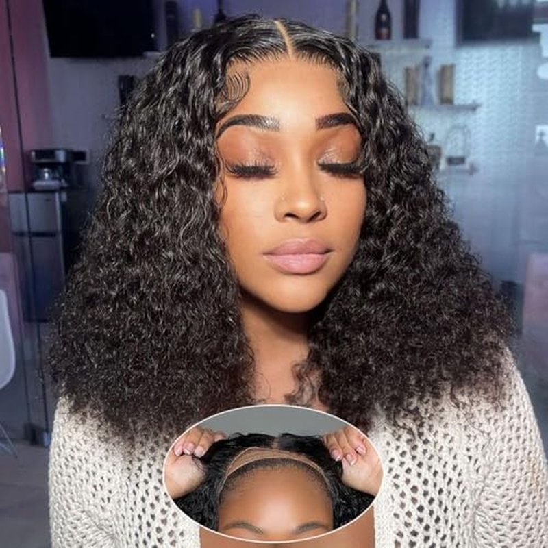 Glueless Wigs Human Hair Pre Plucked Pre Cut Deep Wave Bob Wig for Black Women 5x5 Lace Closure Wear and Go 180% Density Curly Wig with Baby Hair Natural Color 16 Inch