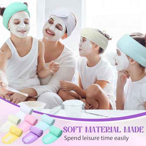 35 Pack Spa Facial Headband for Women Adjustable Face Wash Makeup Stretch Flannel Headband Bulk with Tape for Women Hair Wrap Towel Skincare Facial Mask Bath and Sport, Macaron Color
