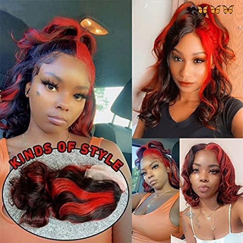 Red Highlight Body Wave Lace Front Wig 13x4 Transprent HD Lace Frontal Wig Brazilian Human Hair Wigs Pre Plucked Remy Wine Red Ombre Hair 180% Middle Deep Parting Virgin Hair Wigs for Women