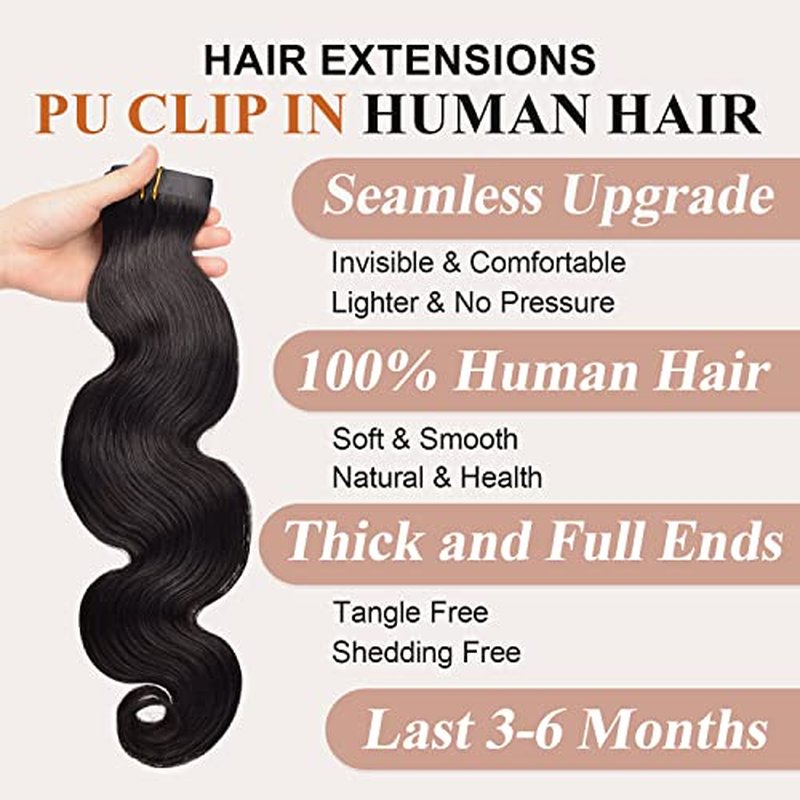 Body Wave Clip in Hair Extensions Real Human Hair Clip ins 100% Brazilian Virgin Hair PU Seamless Clip in Hair Extensions Human Hair Natural Black Hair for Women 120 Gram 6 Pcs 24Inch