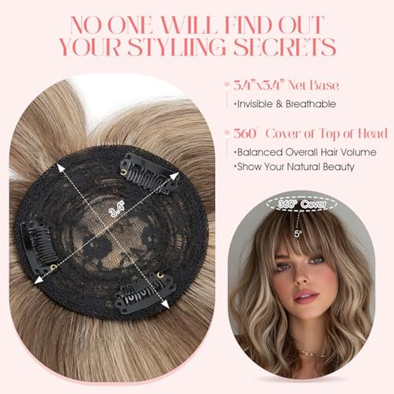 Hairro Mono Hair Toppers with Bangs, 3.4" x 3.4" Mono Base 100% Real Human Hairpieces for Women, 150% Density Clips In Topper for Greyish Thinning Hair, 16 Inch Medium Brown Mix Dark Blonde