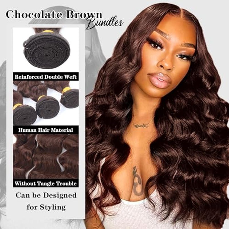 Brown Bundles Human Hair Loose Wave Human Hair 3 Bundles (#4, 16 18 20) 12A 100% Unprocessed Brazilian Virgin Hair Loose Deep Wave Remy Human Hair Extension 4# Color