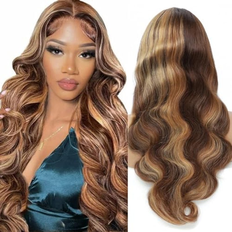 Human Hair Wig 24 Inch 13x4 Ombre Body Wave Lace Front Wigs Human Hair Honey Blonde Wig Pre Plucked with Baby Hair 200 Density 4/27 Highlight Glueless Human Hair Wigs for Black Women