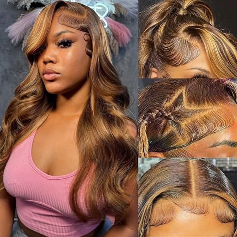 Honey Blonde Ombre 13x6 Lace Front Wigs Human Hair 200% Density Highlight Body Wave HD Lace Front Wigs Pre Plucked Glueless P4/27 Colored Wig for Women Average Cap Tangle Free 24in