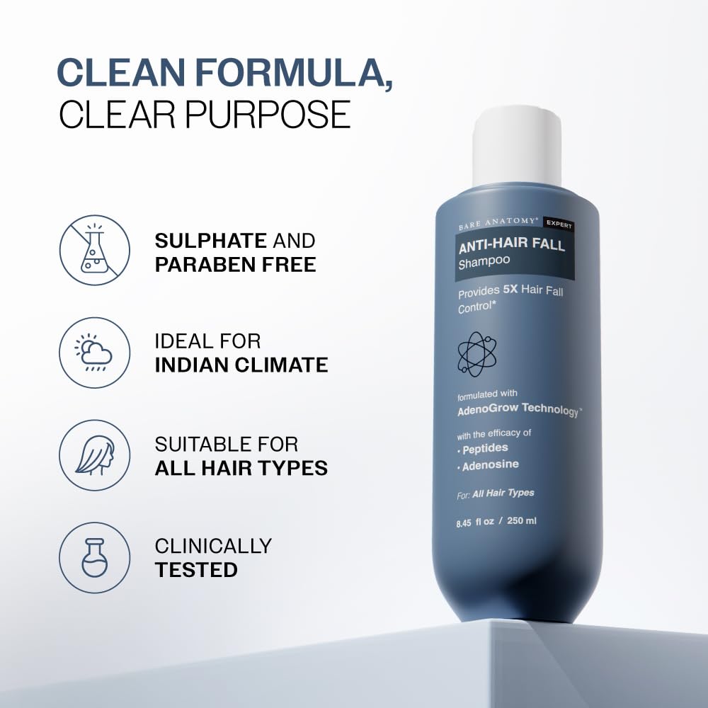Anti-Hair Fall Shampoo - 5X Control with Adenosine & Peptides | Strengthens Roots | pH 4.6 | 250ml
