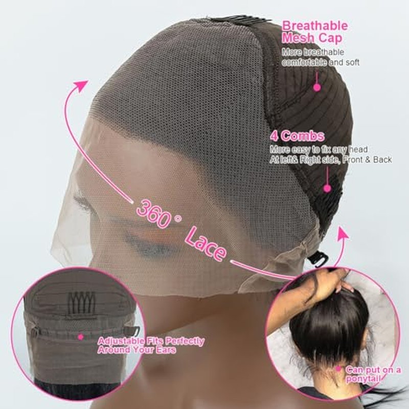 NICY 360 Transparent Lace Straight Wig Remy Human Hair Updo Pre Plucked Glueless Frontal Wigs Hair Extrenstion with Baby Hair (Natural color Straight, 18inch)