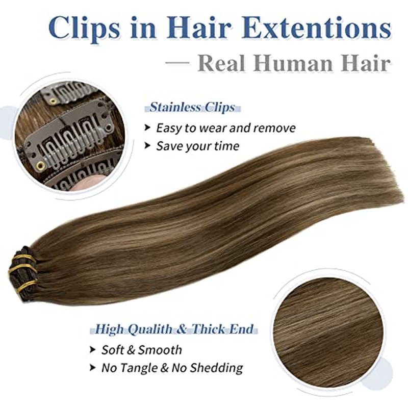 Clip in Hair Extensions Real Human Hair S-noilite #4T4P27 Chocolate Brown to Caramel Blonde Double Weft hair extensions 18 Inch Clip in Real Human Hair for Women Balayage Straight 7PCS 125g