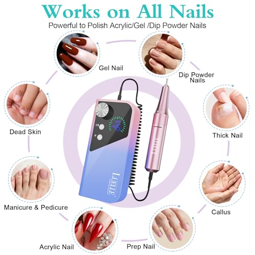 Electric Nail Drill File Professional 45000 RPM, LUELLE Electric Nail File Machine Kit for Acrylic Gel Nails Polishing Removing, Portable Rechargeable Cordless E File with Gold Bits Kit for Salon Home